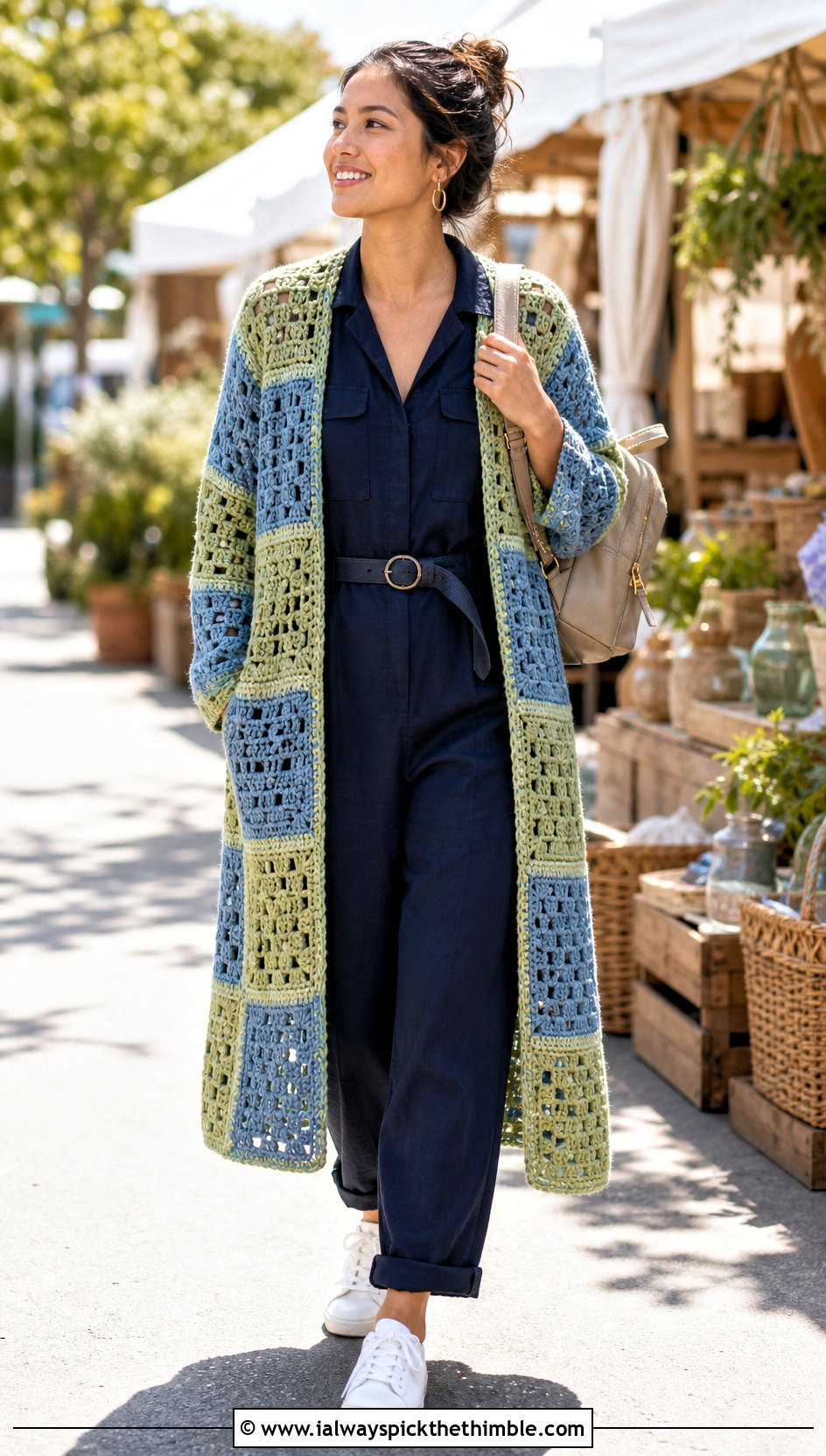 Patchwork Crochet Duster With Utility Jumpsuit - 25 crochet long cardigan outfit ideas
