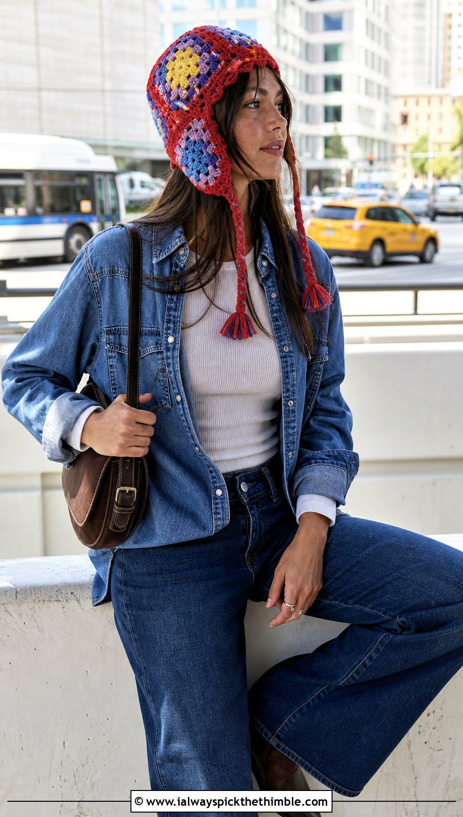 Patchwork Crochet Ear Flap Beanie With Double Denim - 20 crochet ear flap beanie outfit ideas