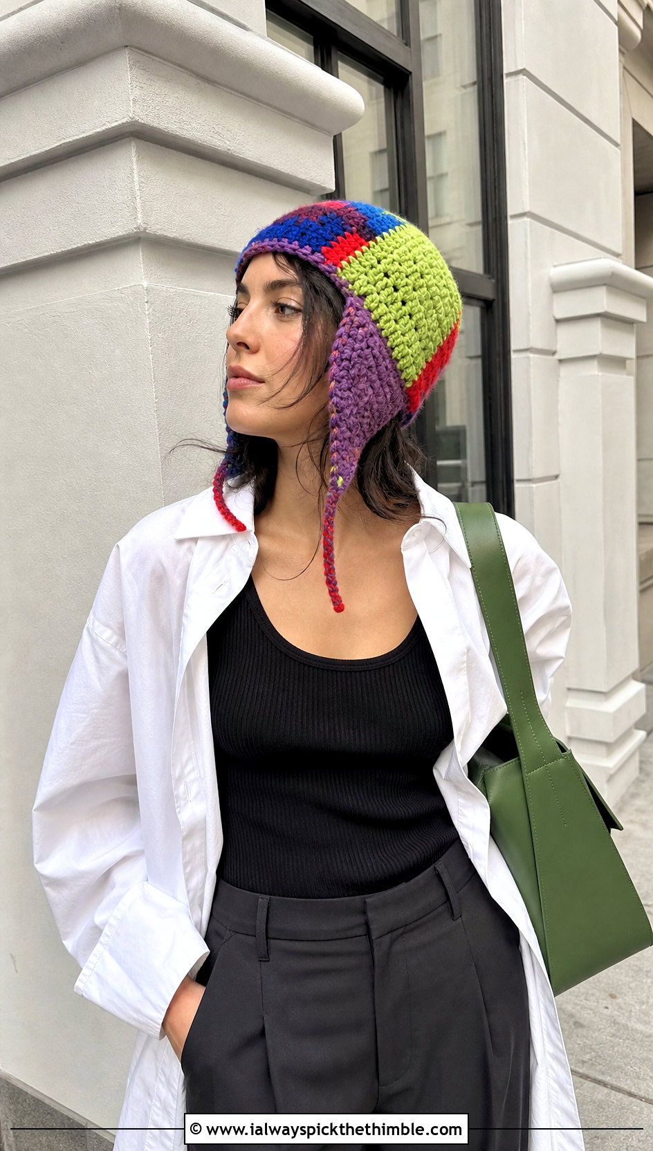 Patchwork Crochet Ear Flap Hat With Oversized Shirt - 20 crochet ear flap hat outfit ideas