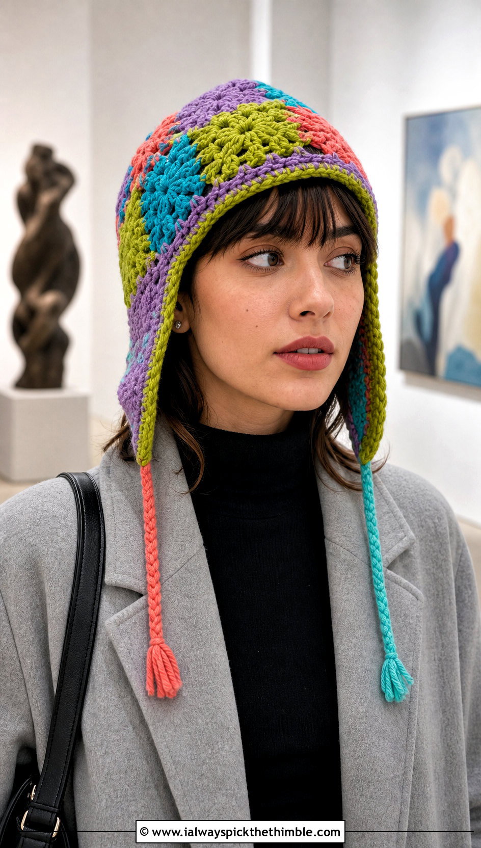 Patchwork Crochet Earflap Hat With Minimalist Outfit - 25 crochet earflap hat outfit ideas