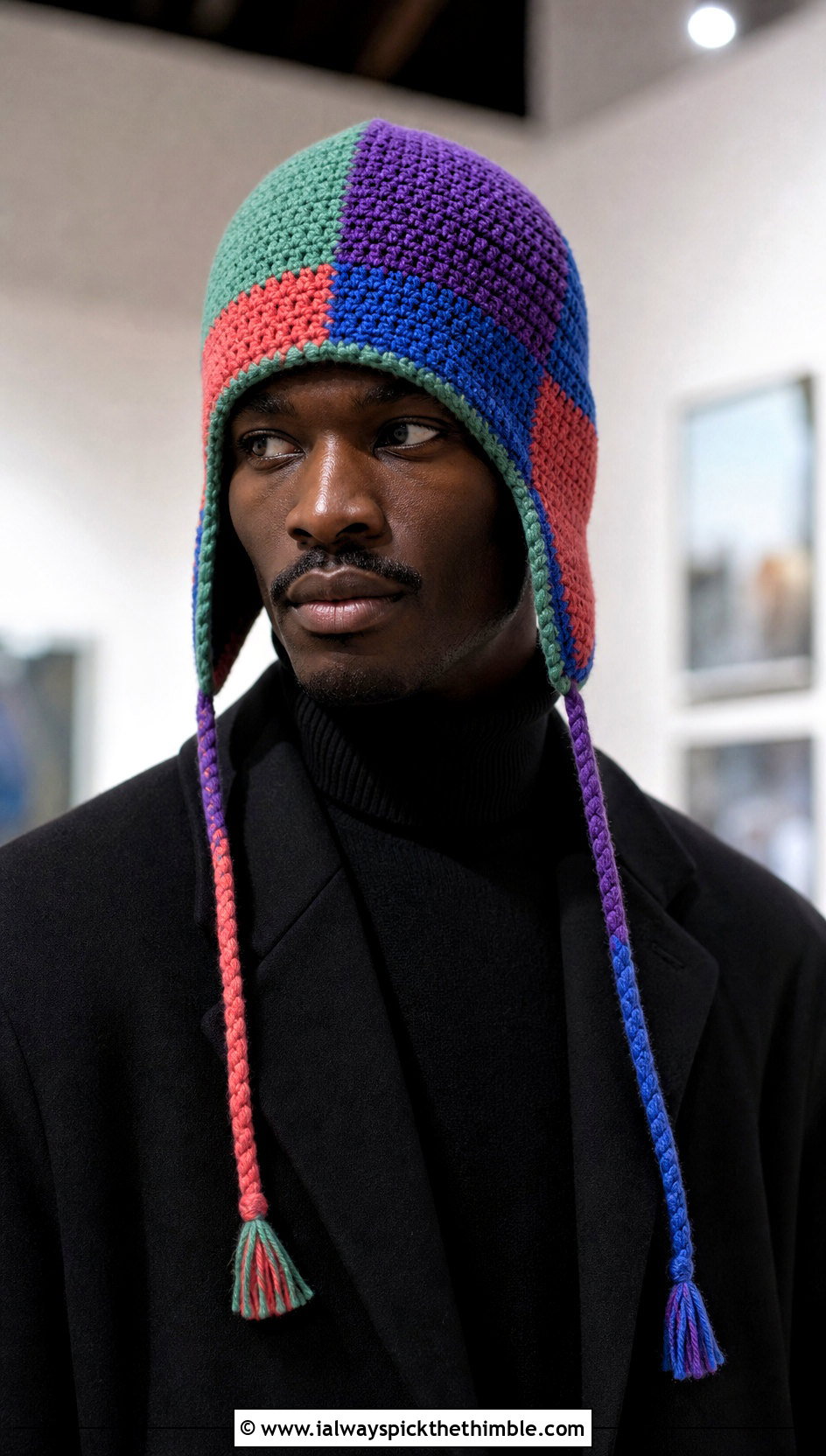 Patchwork Crochet Earflap Hat With Monochrome Evening Outfit - 20 Mens Crochet Earflap Hat outfit ideas