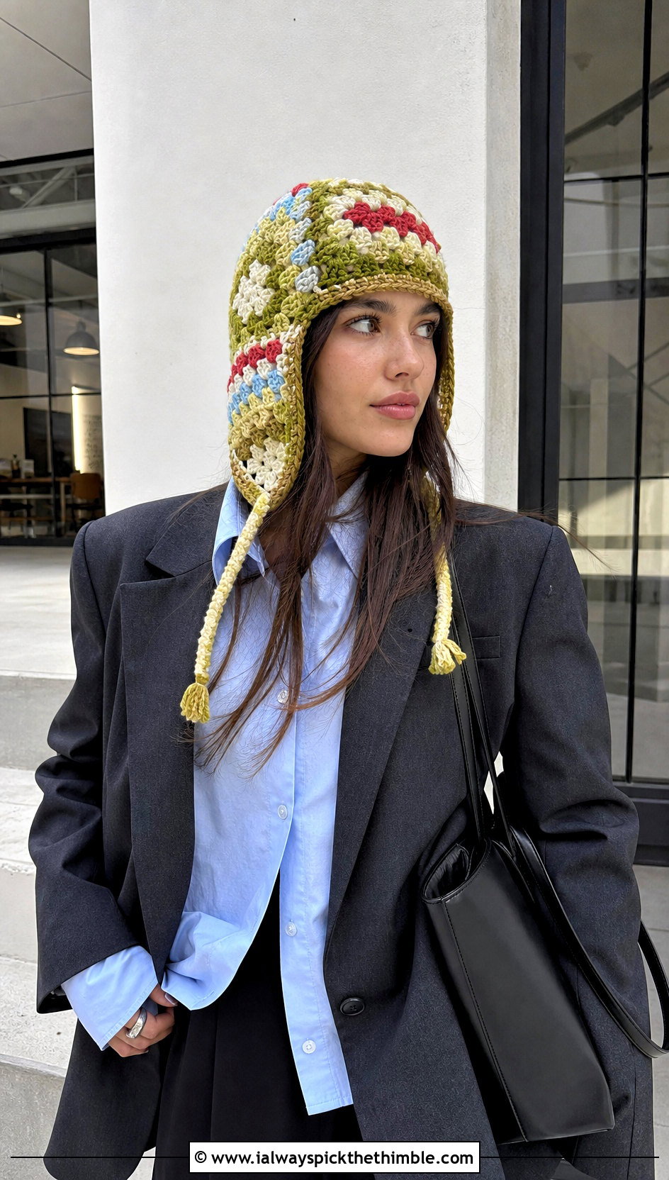 Patchwork Crochet Earflap Hat With Oversized Blazer - 15 Crochet Hat With Earflaps outfit ideas