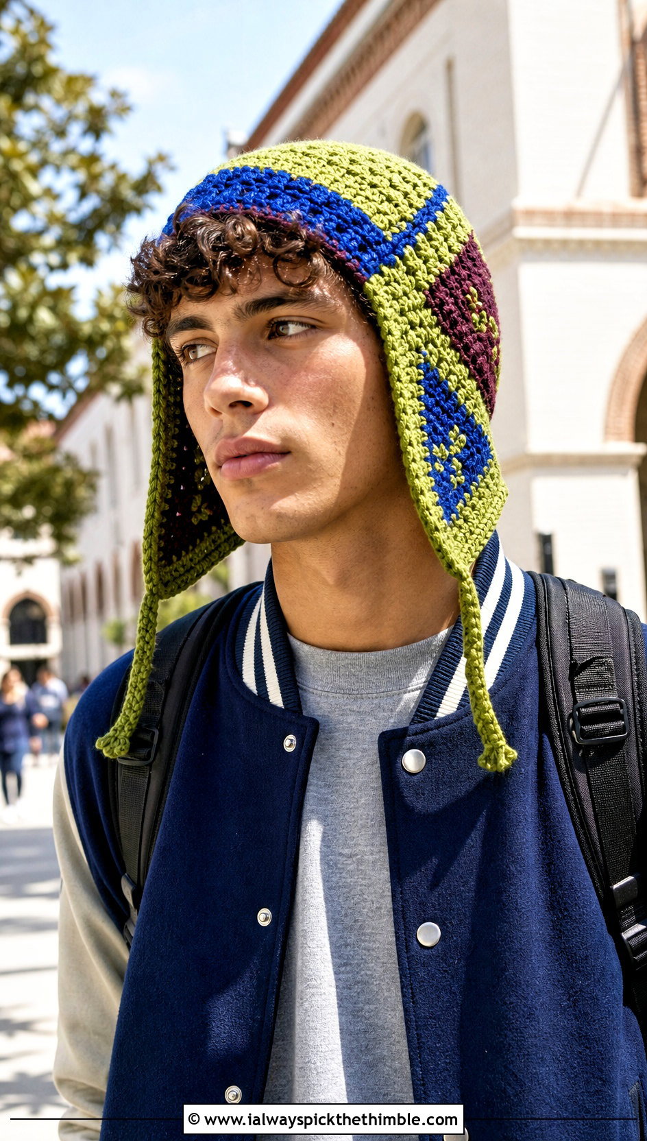 Patchwork Crochet Earflap Hat With Varsity Jacket - 15 Mens Crochet Hat With Earflaps outfit ideas