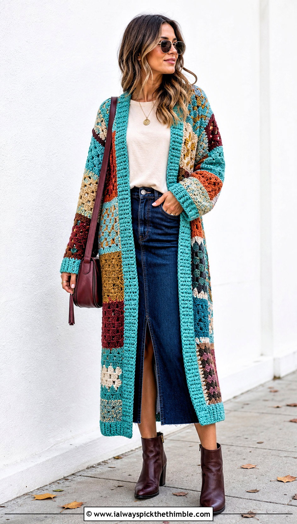 Patchwork Crochet Fall Cardigan With Denim Midi Skirt - 25 crochet fall cardigan outfit ideas