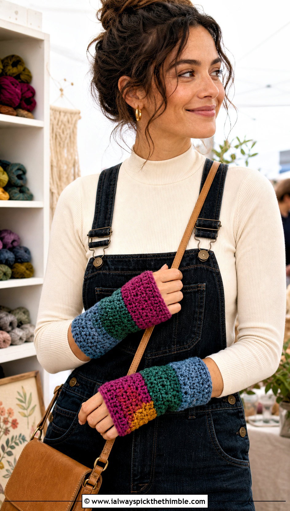 Patchwork Crochet Fingerless Gloves With Overalls - 25 crochet fingerless gloves outfit ideas
