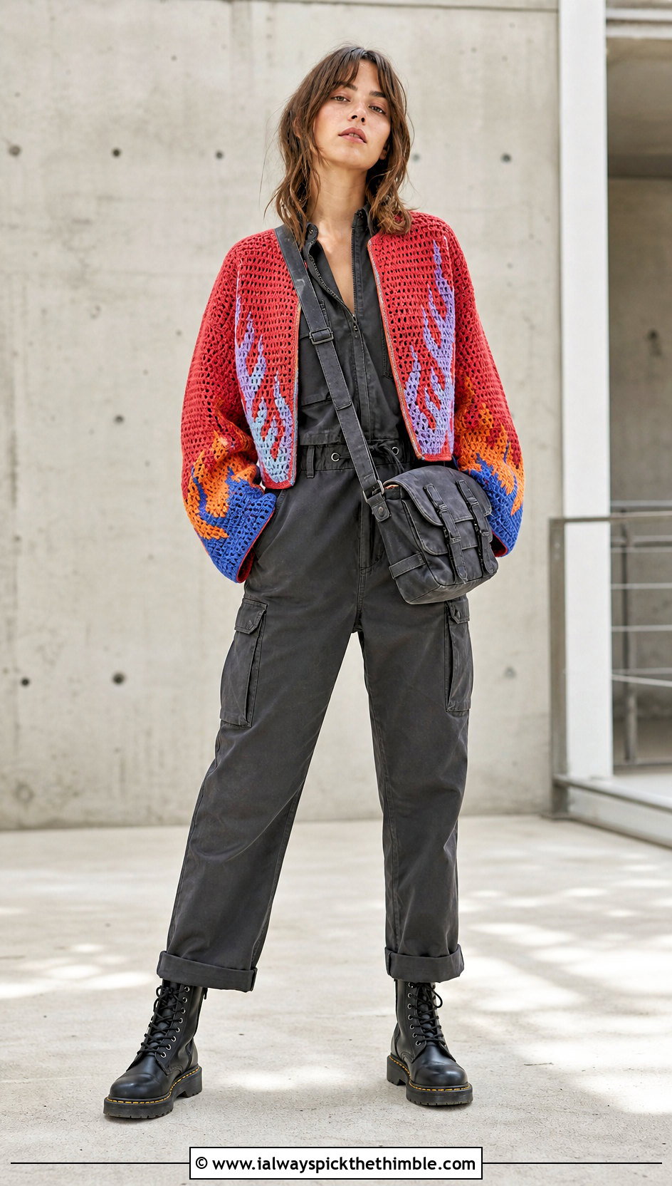 Patchwork Crochet Fire Sweater With Utility Jumpsuit - 20 Crochet Fire Sweater outfit ideas