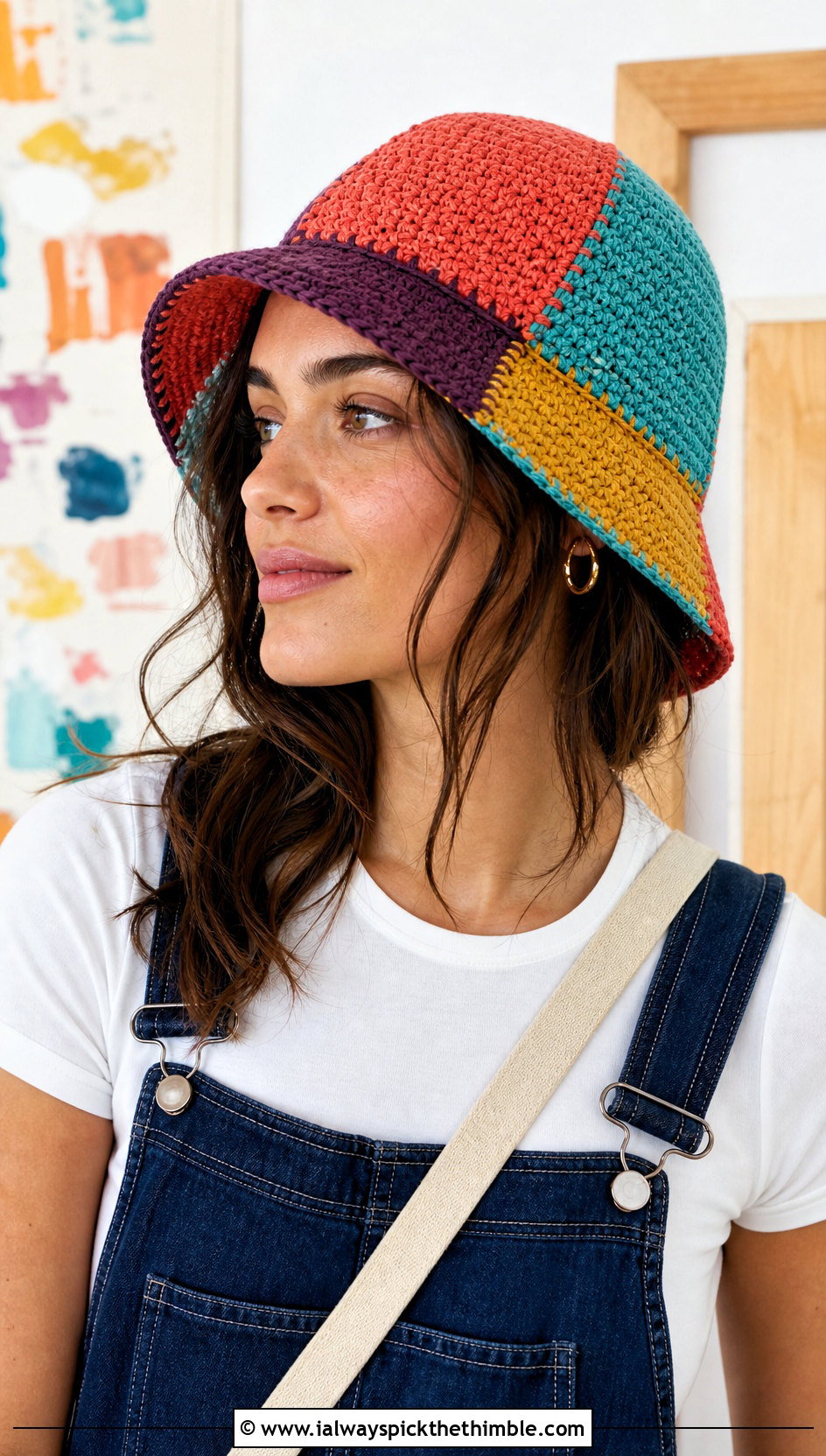 Patchwork Crochet Fisherman Hat With Overalls - 25 crochet fisherman hat outfit ideas
