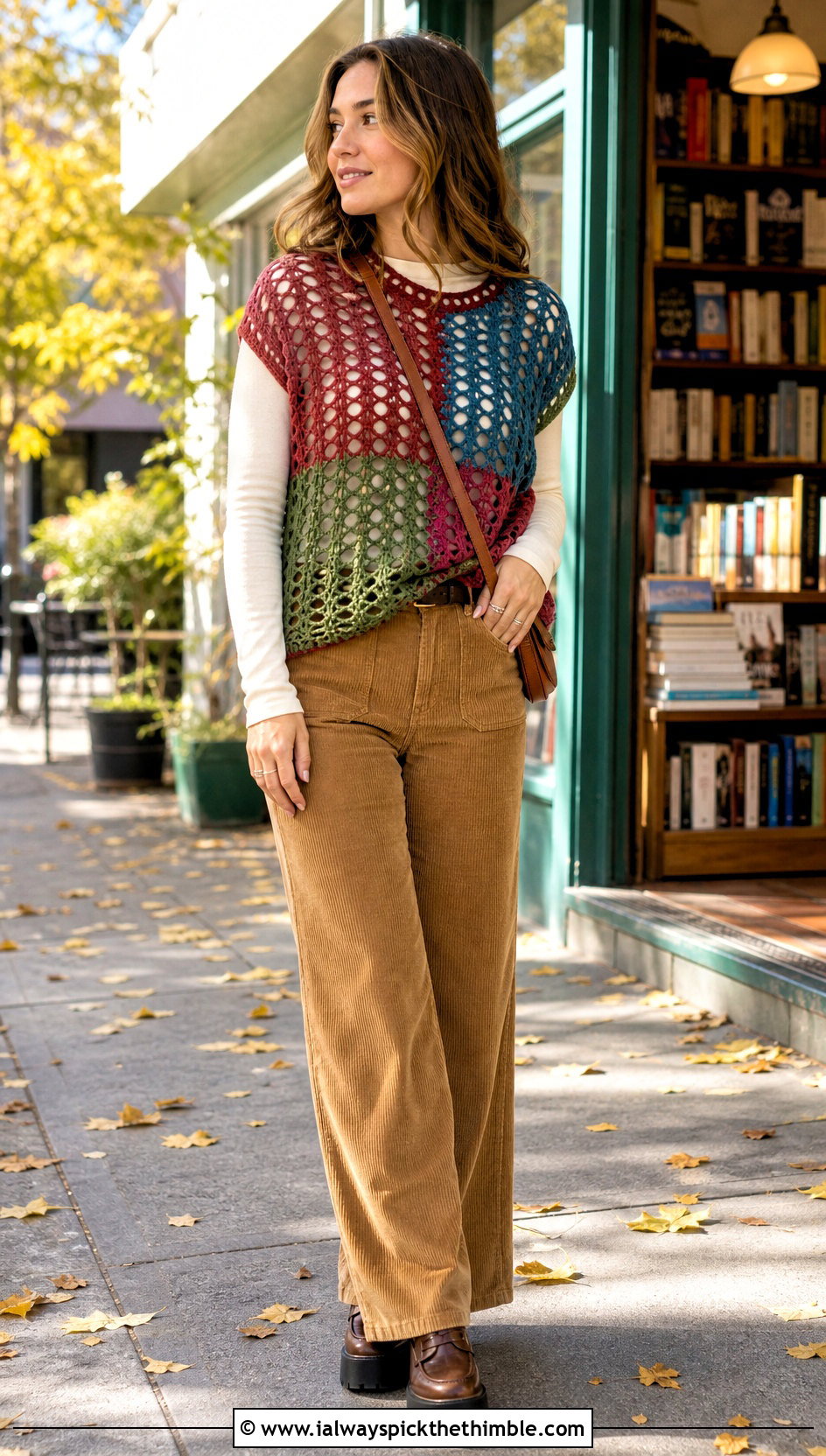 Patchwork Crochet Fishnet Sweater With Corduroy Pants - 20 Crochet Fishnet Sweater outfit ideas