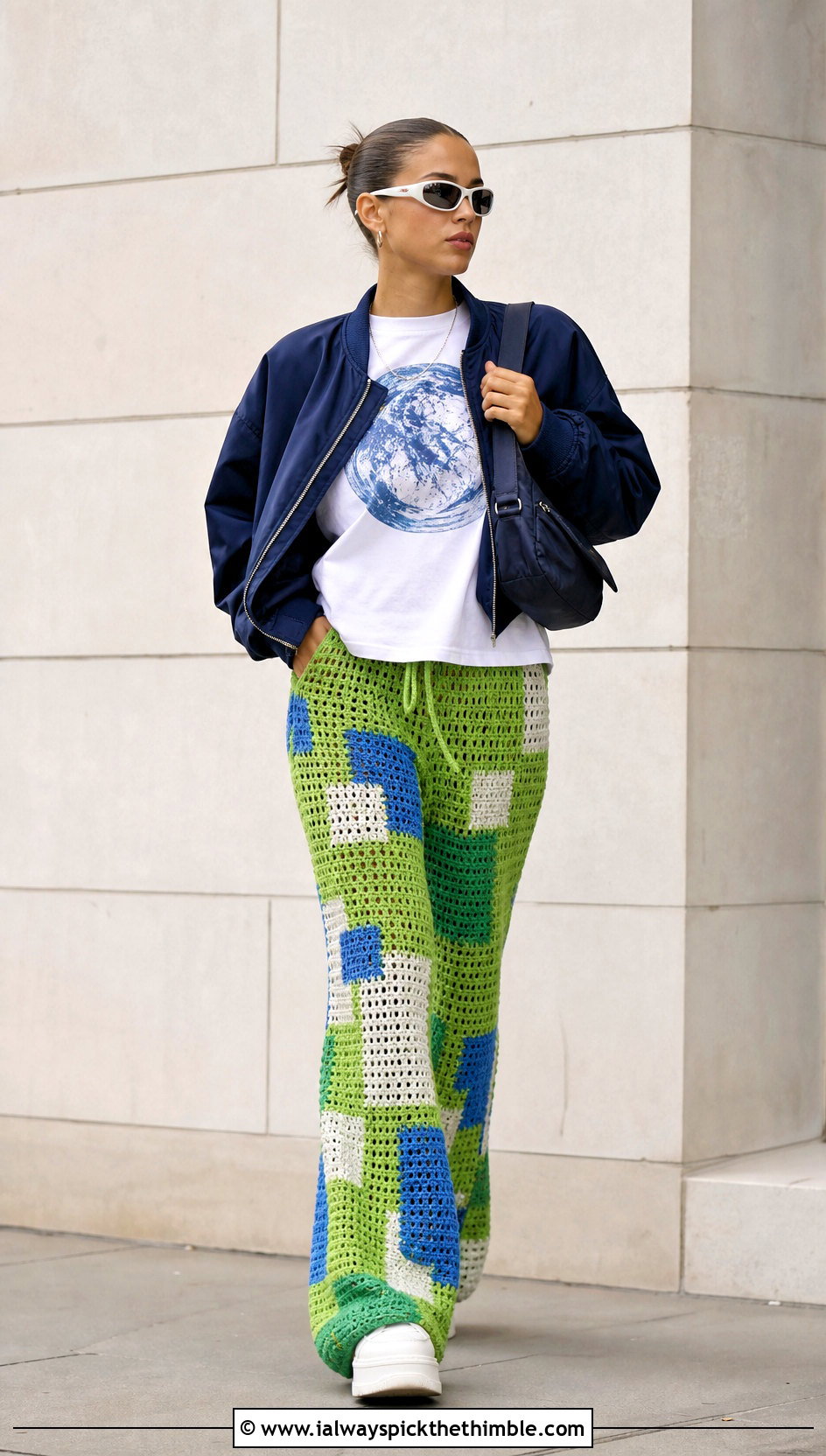 Patchwork Crochet Flare Pants With Graphic Tee - 20 crochet flair pants outfit ideas