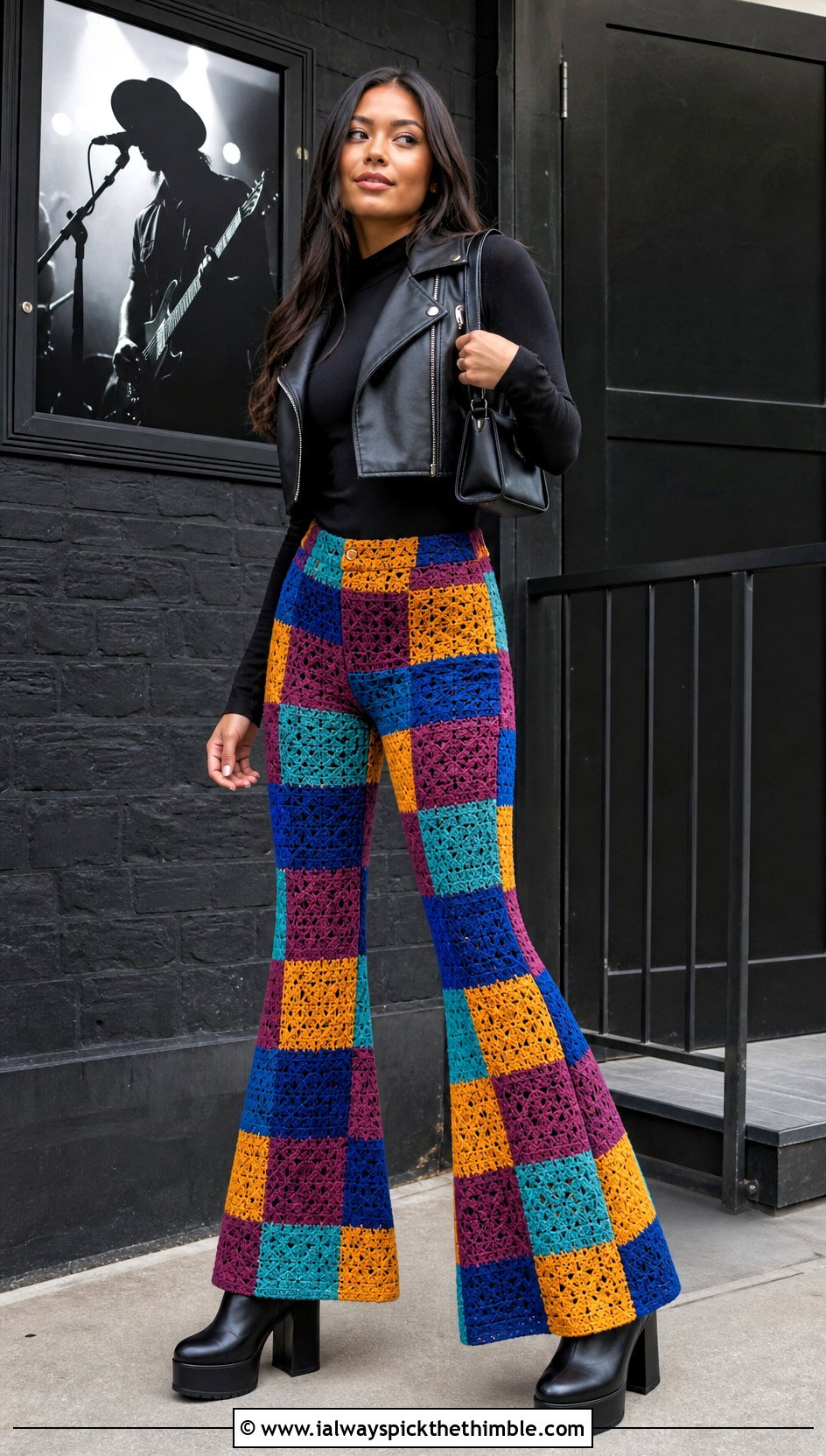 Patchwork Crochet Flare Pants With Moto Vest - 25 crochet flare pants outfit ideas