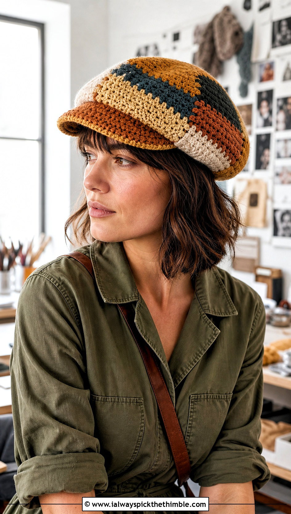 Patchwork Crochet Flat Cap With Utility Jumpsuit - 20 crochet flat cap outfit ideas