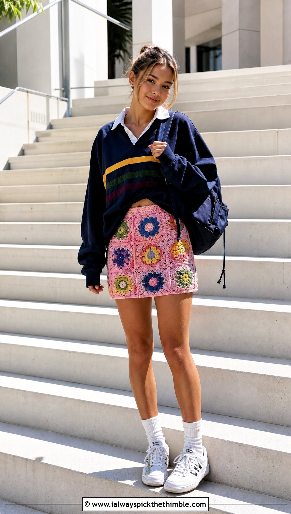 Patchwork Crochet Flower Mini Skirt With Rugby Shirt - 25 crochet flower skirt outfit ideas