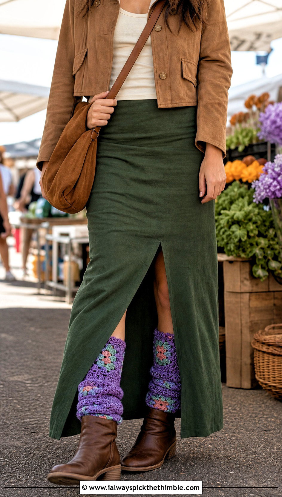 Patchwork Crochet Fluffy Socks With Boho Maxi Skirt - 20 Crochet Fluffy Socks outfit ideas