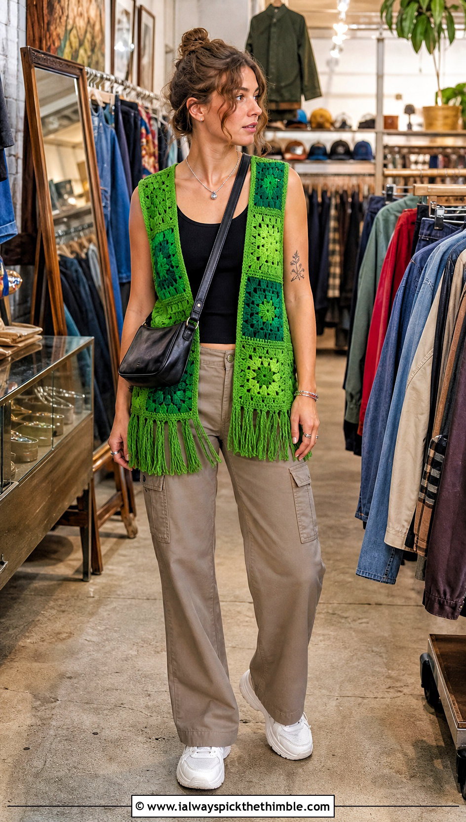 Patchwork Crochet Fringe Vest With Cargo Pants - 15 long crochet vest with fringe outfit ideas