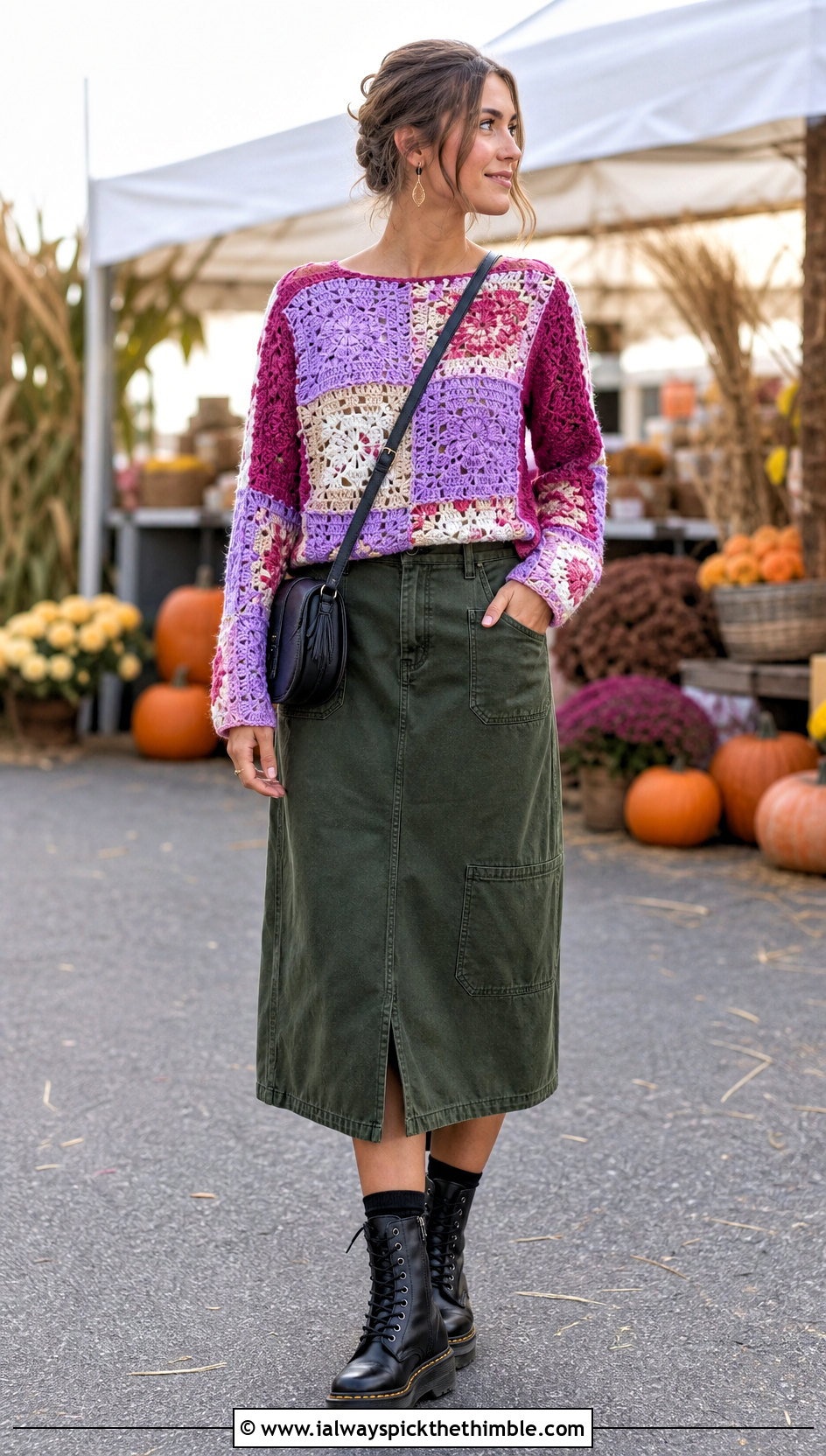Patchwork Crochet Full Sleeve Top With Utility Skirt - 25 crochet full sleeve top outfit ideas