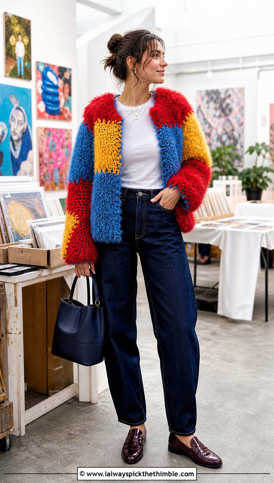 Patchwork Crochet Fur Jacket With Barrel Jeans - 20 crochet fur jacket outfit ideas