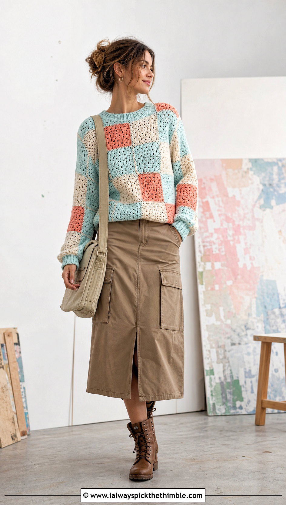 Patchwork Crochet Gingham Sweater With Utility Skirt - 20 Crochet Gingham Sweater outfit ideas