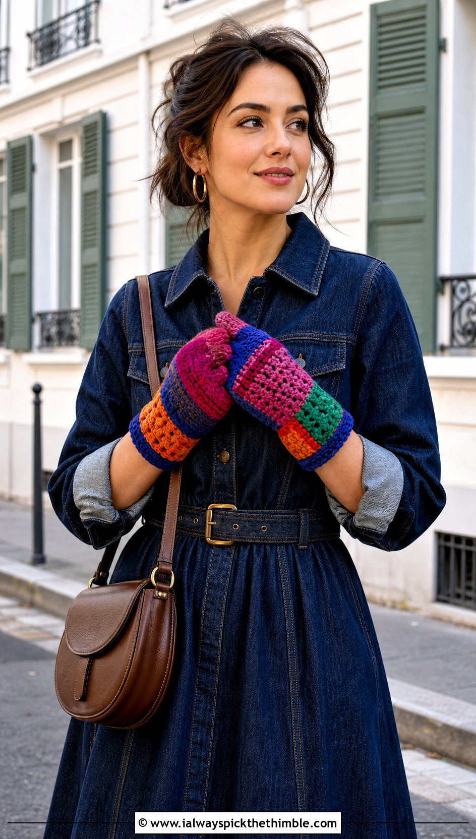 Patchwork Crochet Gloves With Denim Dress - 25 crochet gloves fingers outfit ideas