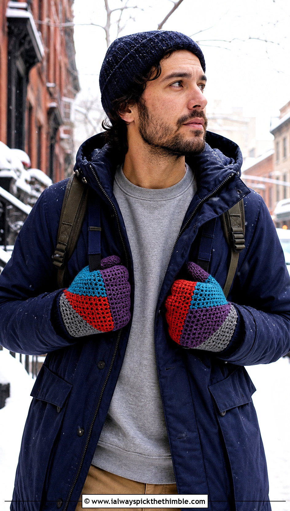 Patchwork Crochet Gloves With Parka - 25 crochet gloves for men outfit ideas