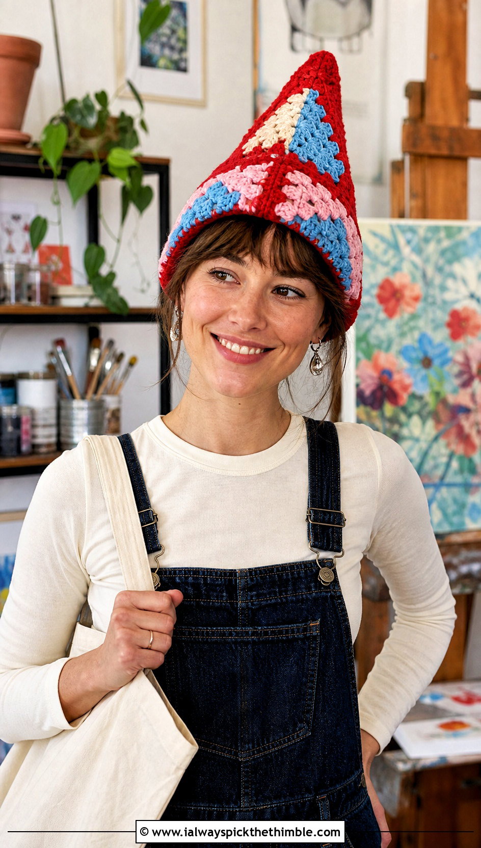 Patchwork Crochet Gnome Hat With Denim Overalls - 25 crochet gnome hat outfit ideas