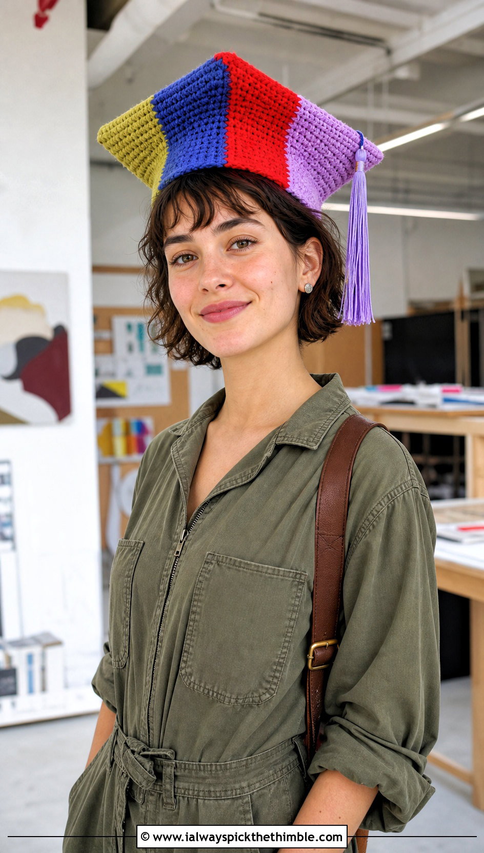 Patchwork Crochet Graduation Cap With Utility Jumpsuit - 25 crochet graduation cap outfit ideas