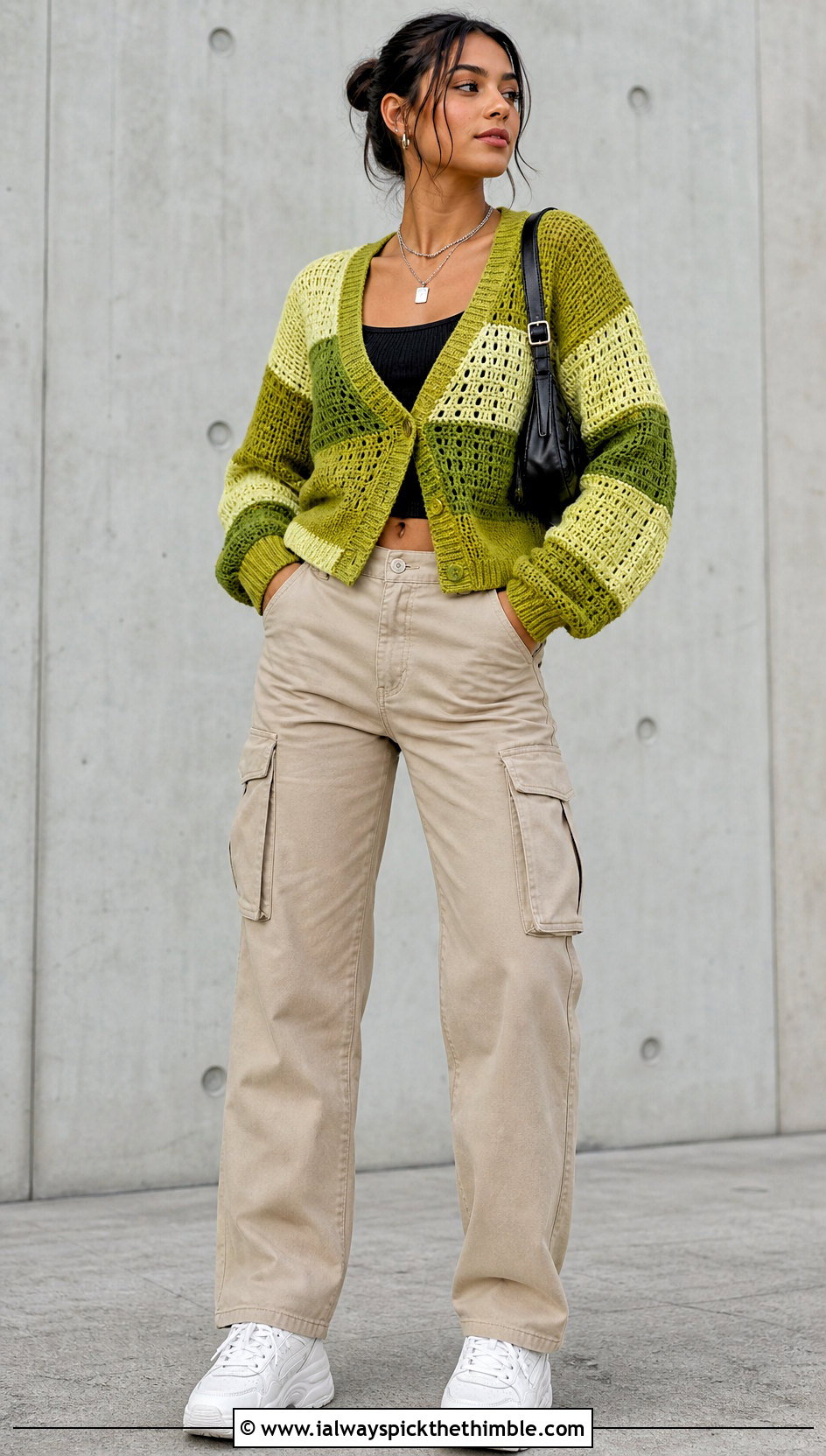 Patchwork Crochet Grandpa Sweater With Cargo Pants - 20 Crochet Grandpa Sweater outfit ideas