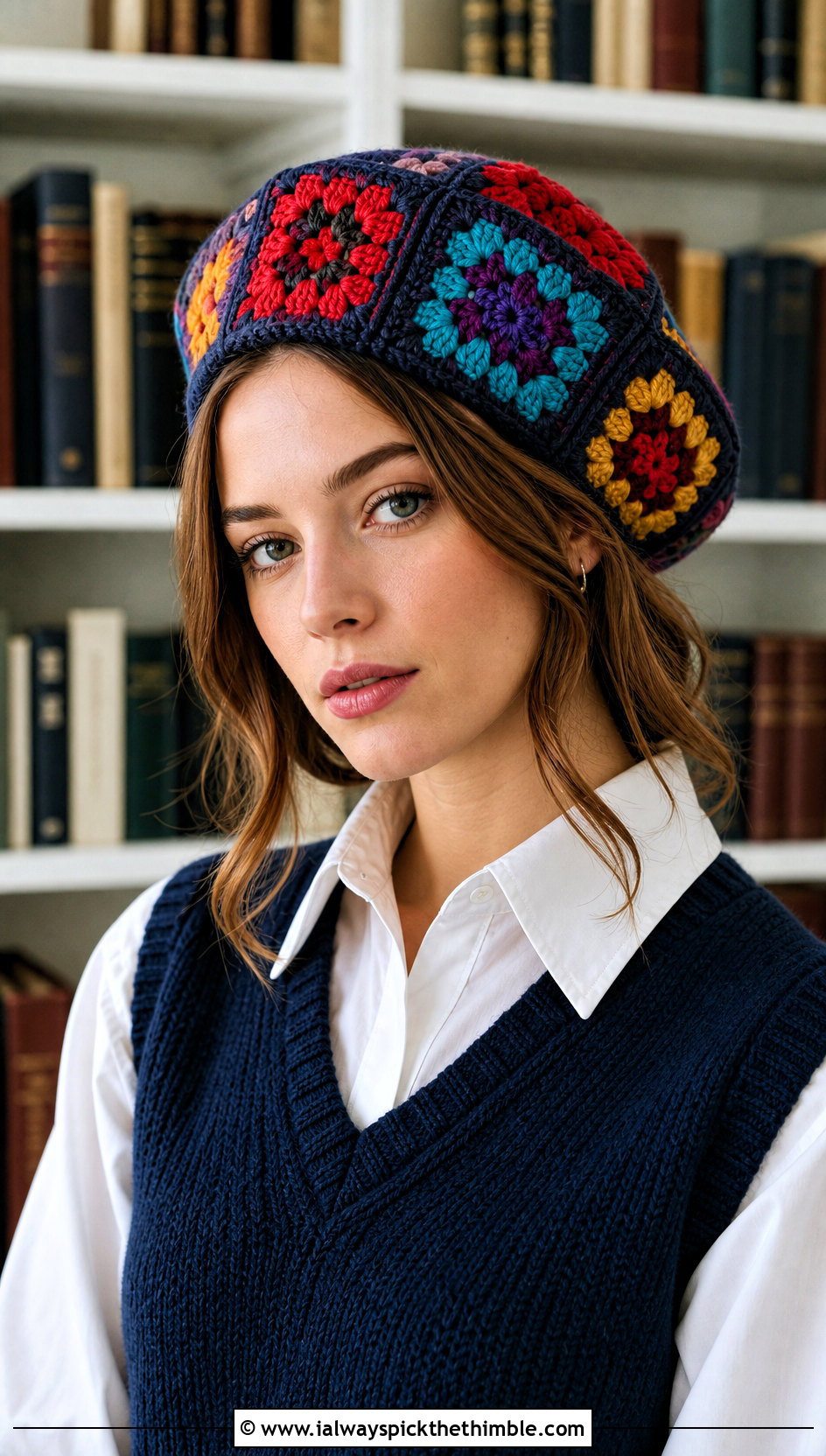 Patchwork Crochet Granny Square Beret With Shirt And Vest - 20 Crochet Granny Square Beret outfit ideas