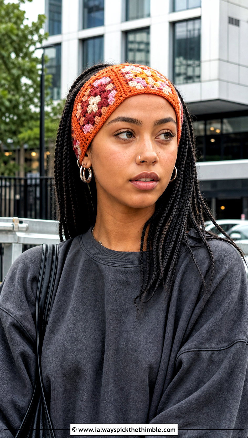 Patchwork Crochet Granny Square Headband With Streetwear - 15 Crochet Granny Square Headband outfit ideas