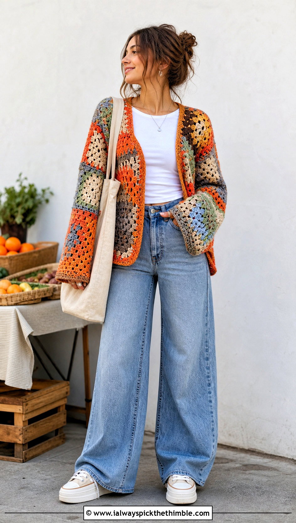 Patchwork Crochet Grunge Sweater With Wide Leg Jeans - 20 crochet grunge sweater outfit ideas