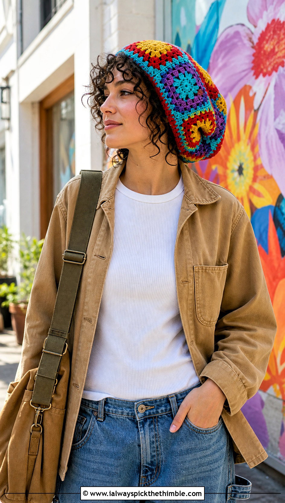 Patchwork Crochet Hair Bonnet With Chore Jacket - 20 Crochet Hair Bonnet outfit ideas