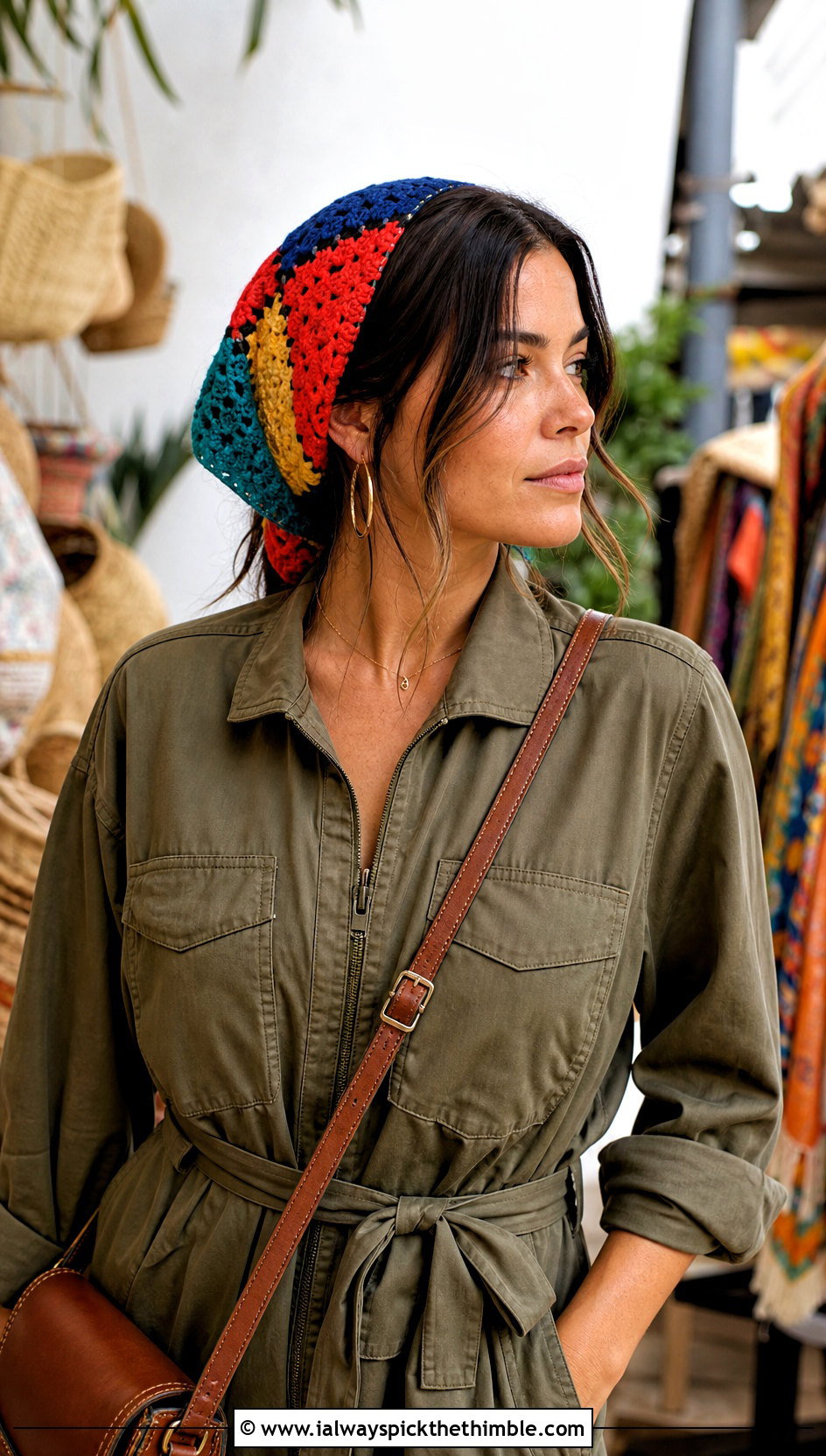 Patchwork Crochet Hair Scarf With Utility Jumpsuit And Clogs - 15 Crochet Hair Scarf Ideas