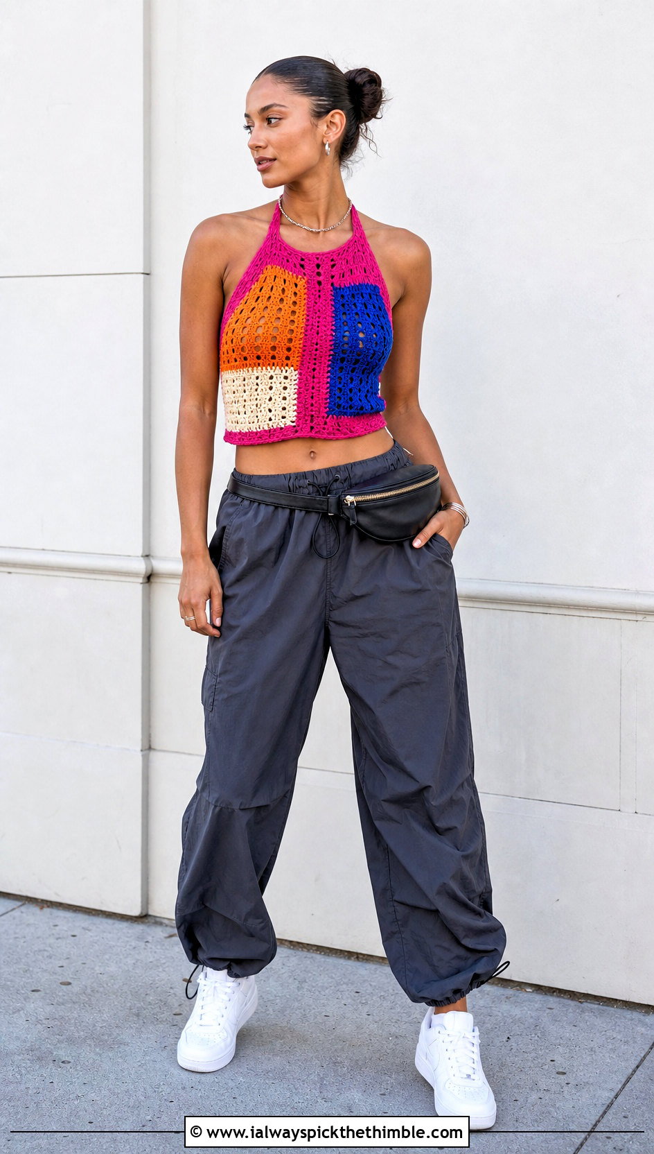 Patchwork Crochet Halter Top With Parachute Pants - 25 easy crochet halter top outfit ideas