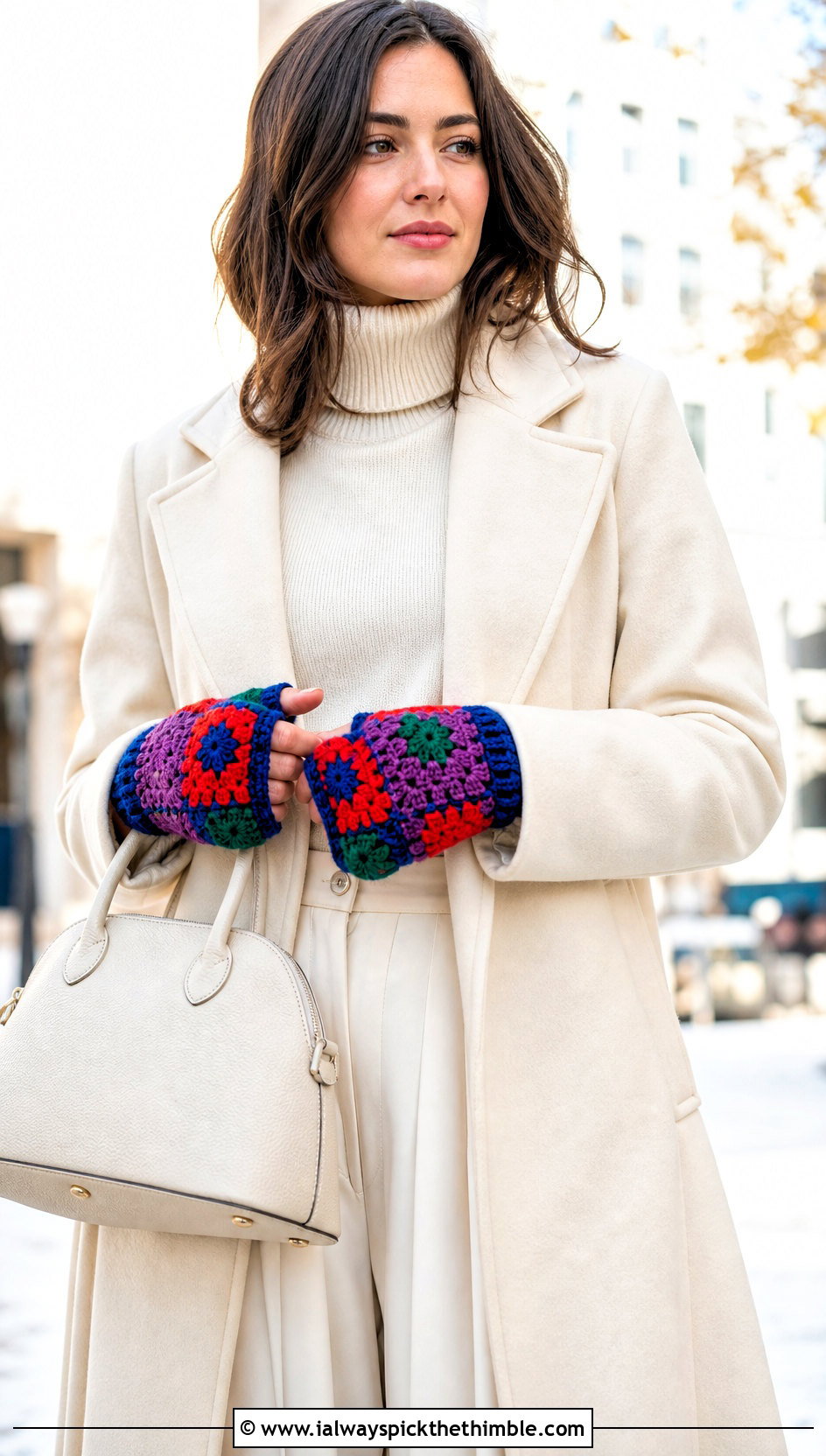 Patchwork Crochet Hand Warmers With Monochrome Outfit - 25 crochet hand warmers outfit ideas
