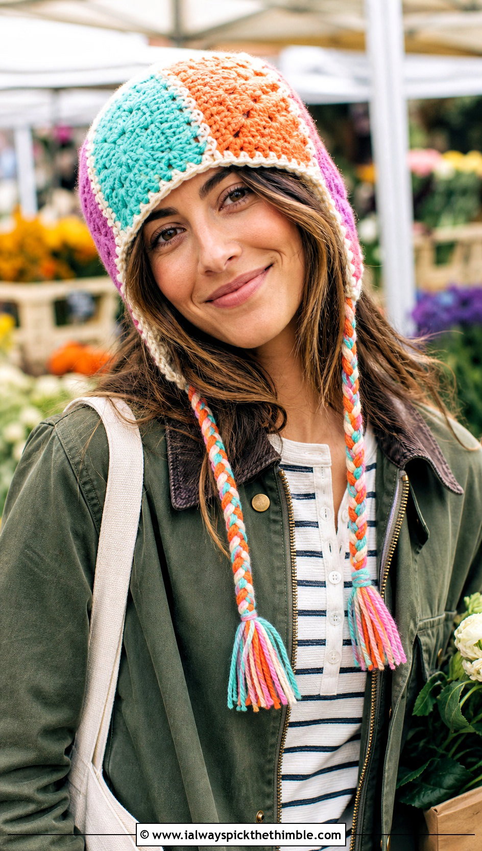 Patchwork Crochet Hat With Braids And Barn Jacket - 20 crochet hat with braids outfit ideas