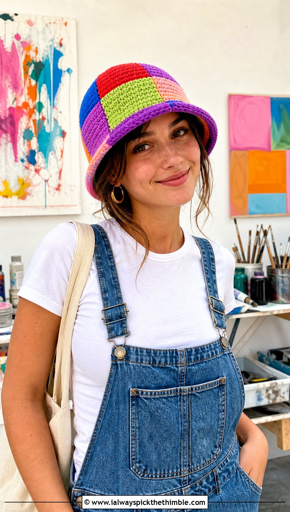 Patchwork Crochet Hat With Overalls And Fitted Tee - 25 cute crochet hat ideas