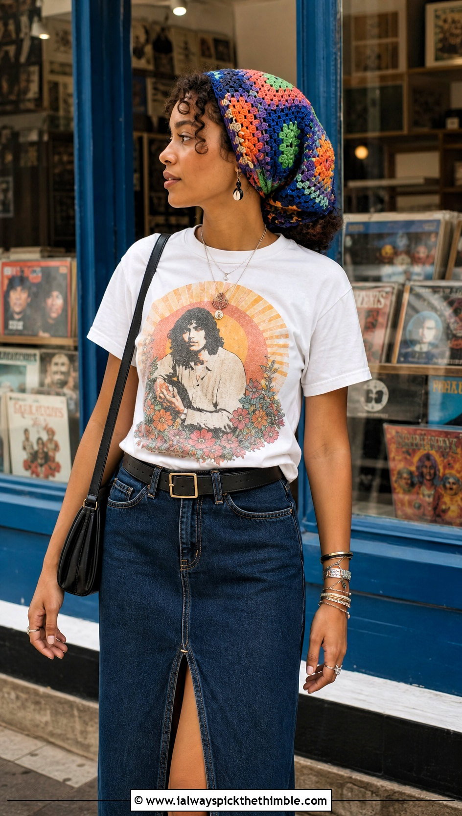 Patchwork Crochet Headwrap With Graphic Tee And Denim Maxi Skirt - 25 crochet headwrap outfit ideas