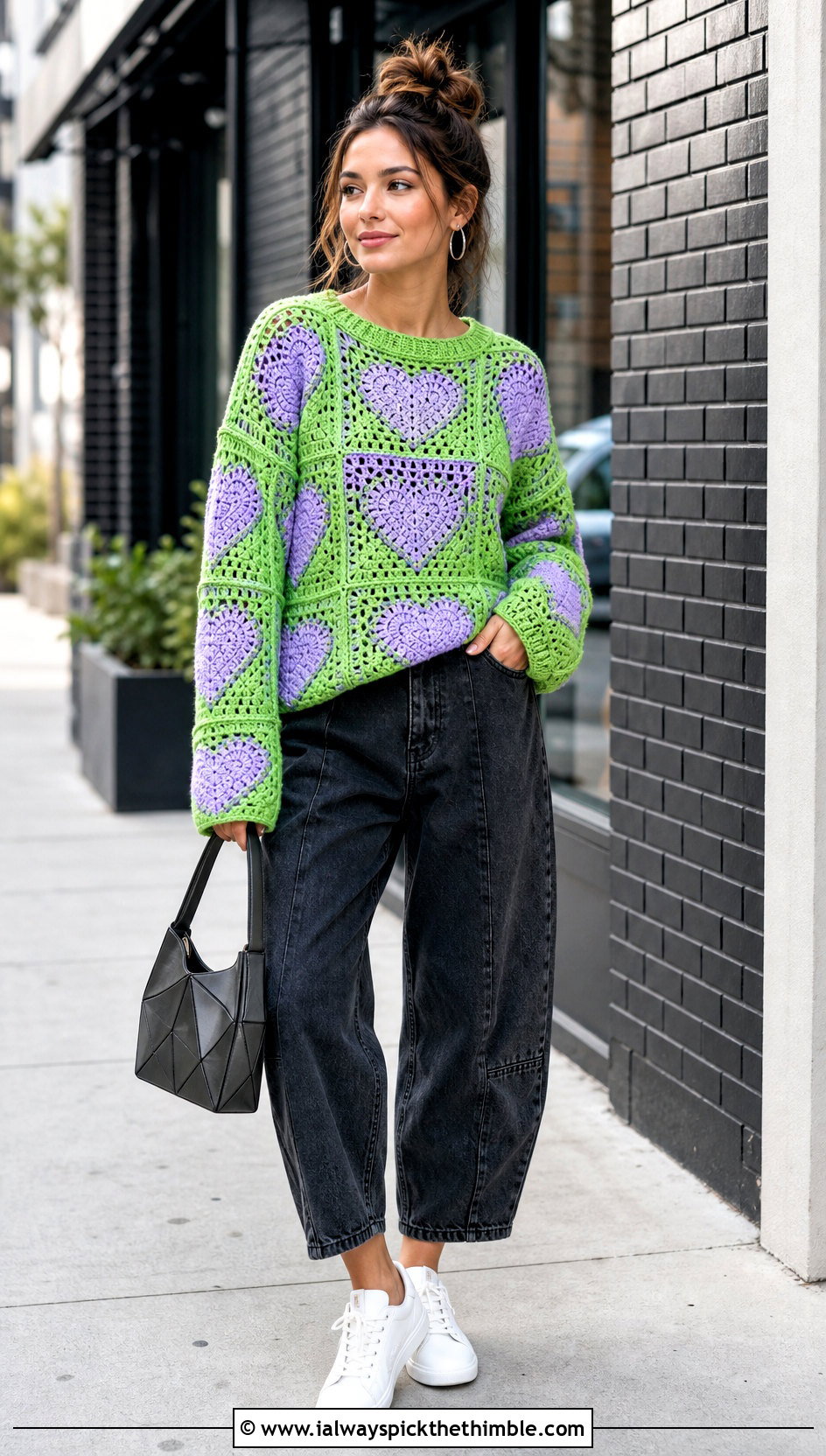 Patchwork Crochet Heart Jumper With Barrel Jeans - 20 crochet heart jumper outfit ideas