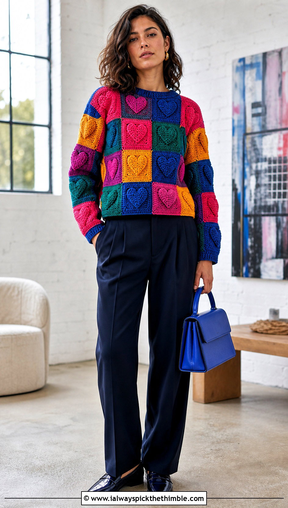 Patchwork Crochet Heart Sweater With Pleated Trousers - 25 crochet heart sweater outfit ideas