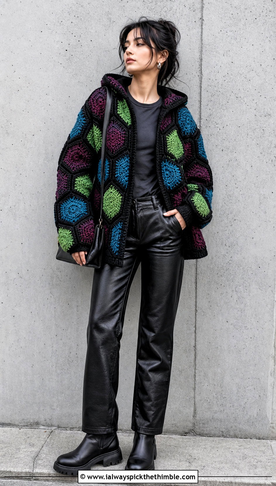 Patchwork Crochet Hexagon Hoodie With Leather Pants - 20 crochet hexagon hoodie outfit ideas