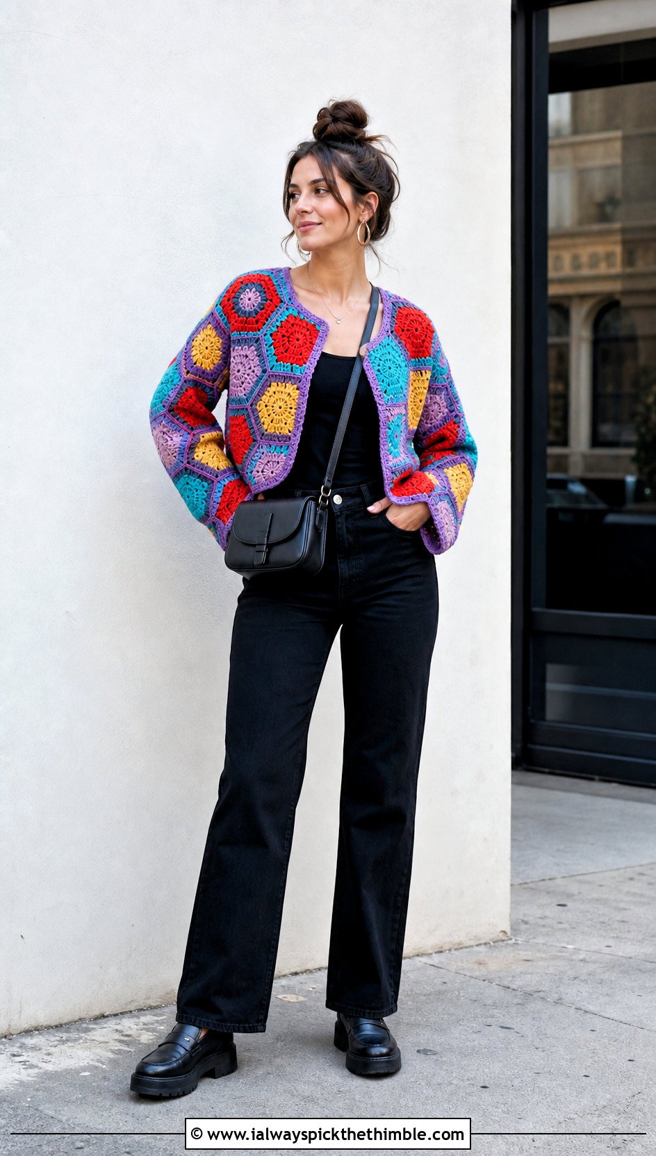 Patchwork Crochet Hexagon Jumper With Black Jeans - 20 crochet hexagon jumper outfit ideas