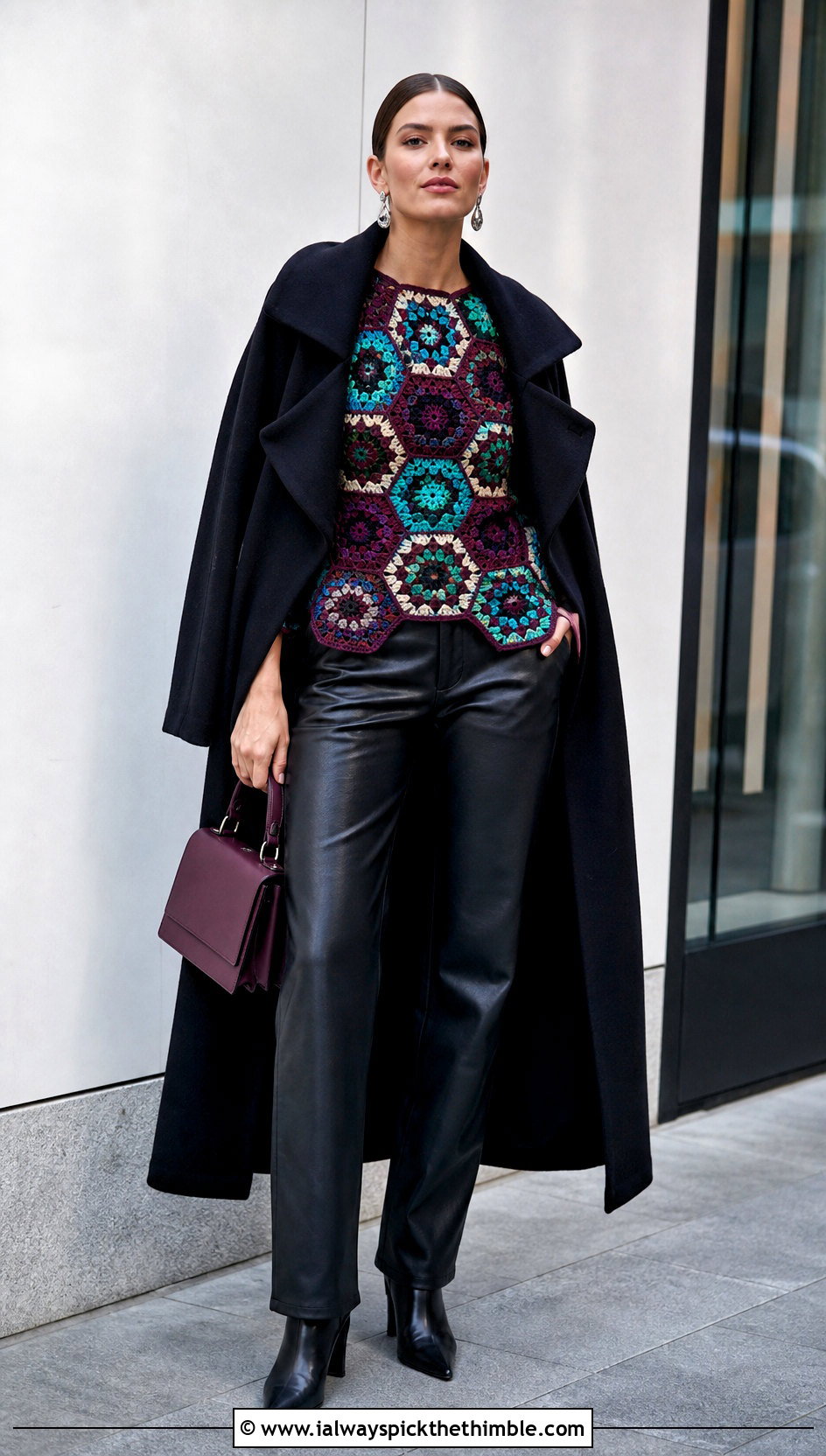 Patchwork Crochet Hexagon Top With Leather Pants - 25 crochet hexagon top outfit ideas