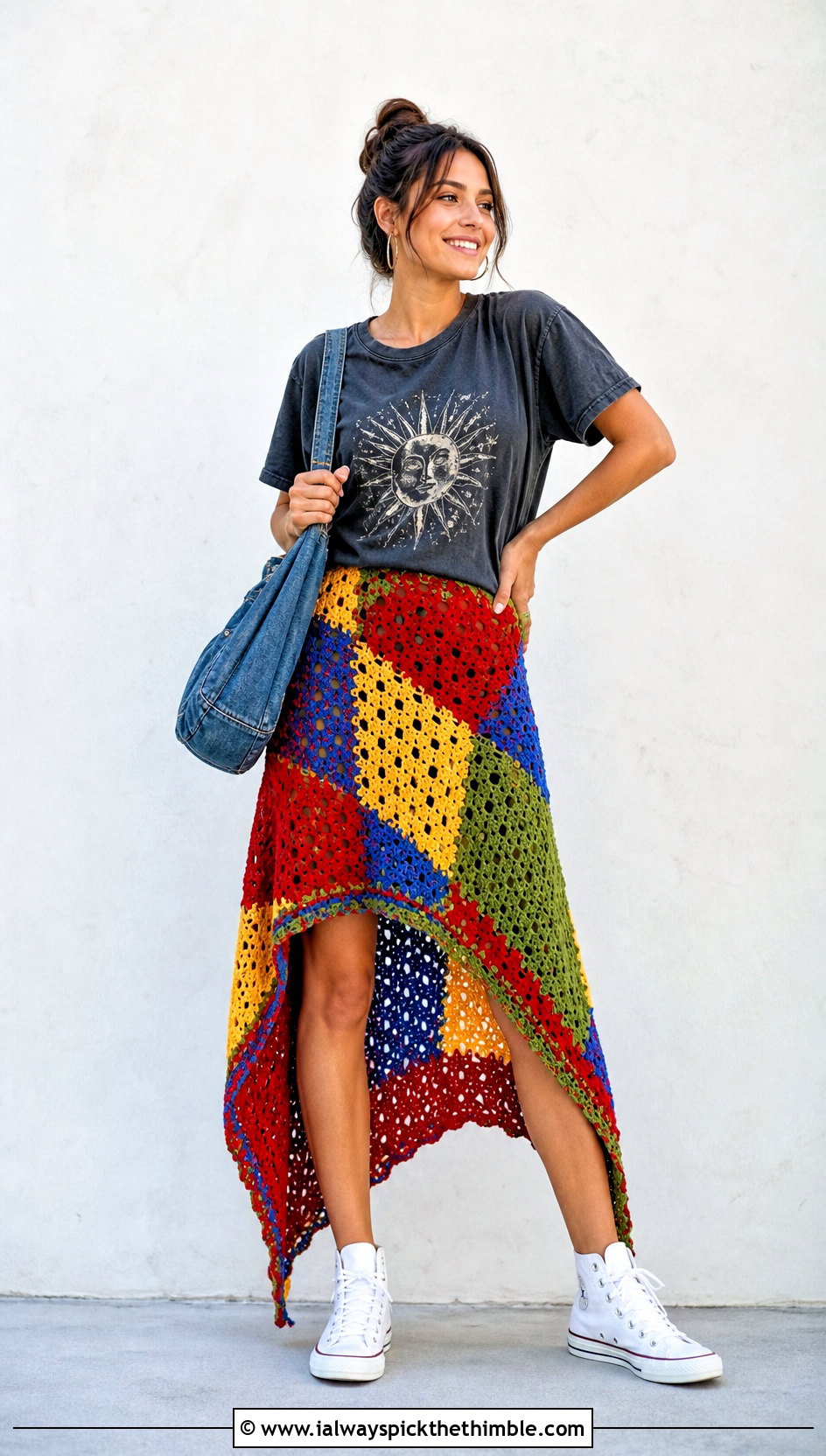 Patchwork Crochet High Low Skirt With Graphic T Shirt - 20 crochet high low skirt outfit ideas