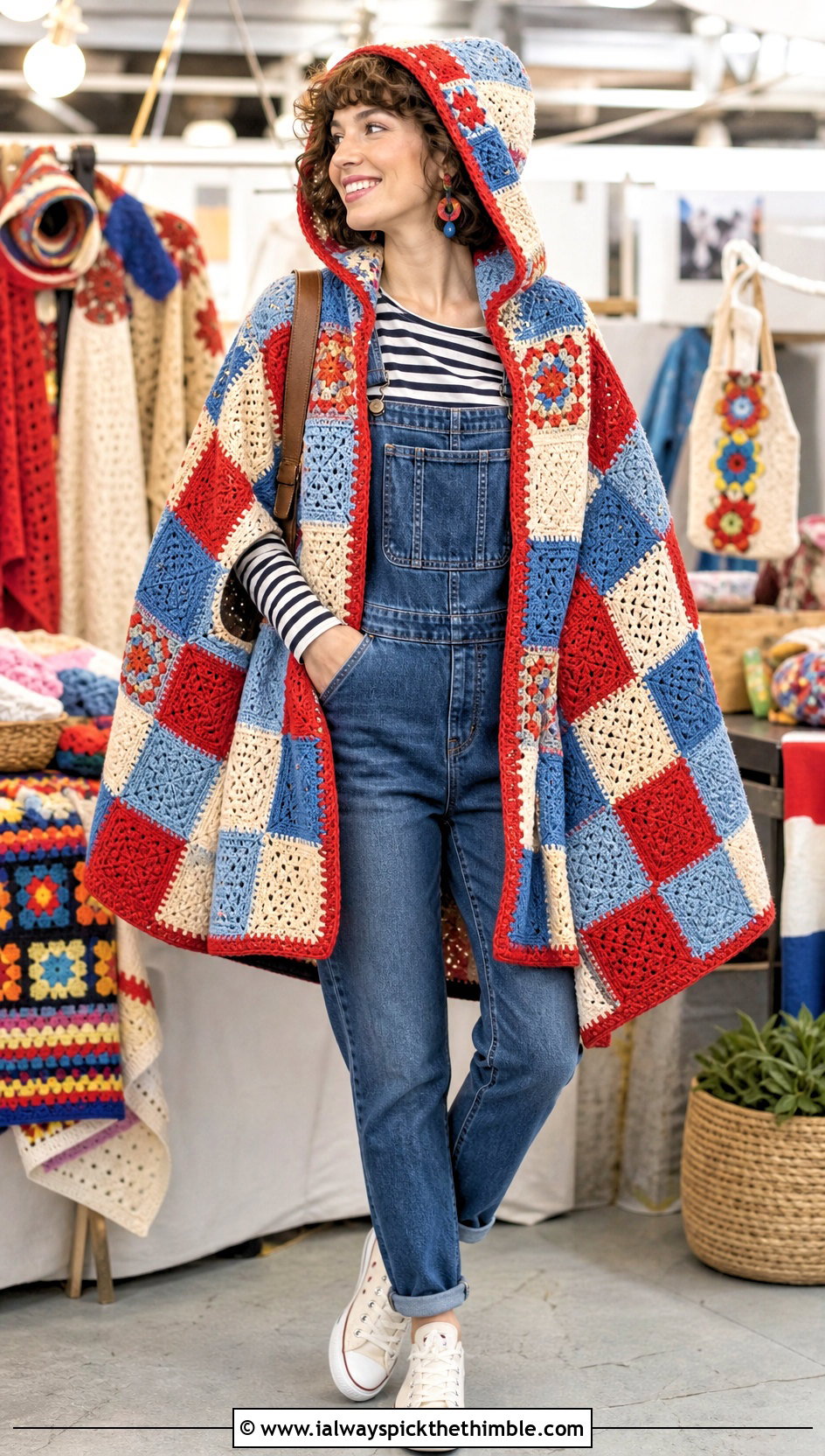 Patchwork Crochet Hooded Cape With Overalls - 25 crochet hooded cape outfit ideas