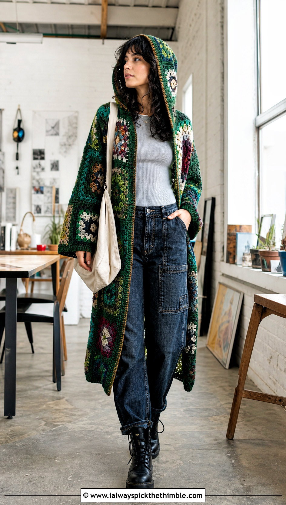 Patchwork Crochet Hooded Cardigan With Carpenter Jeans - 25 crochet hooded cardigan outfit ideas