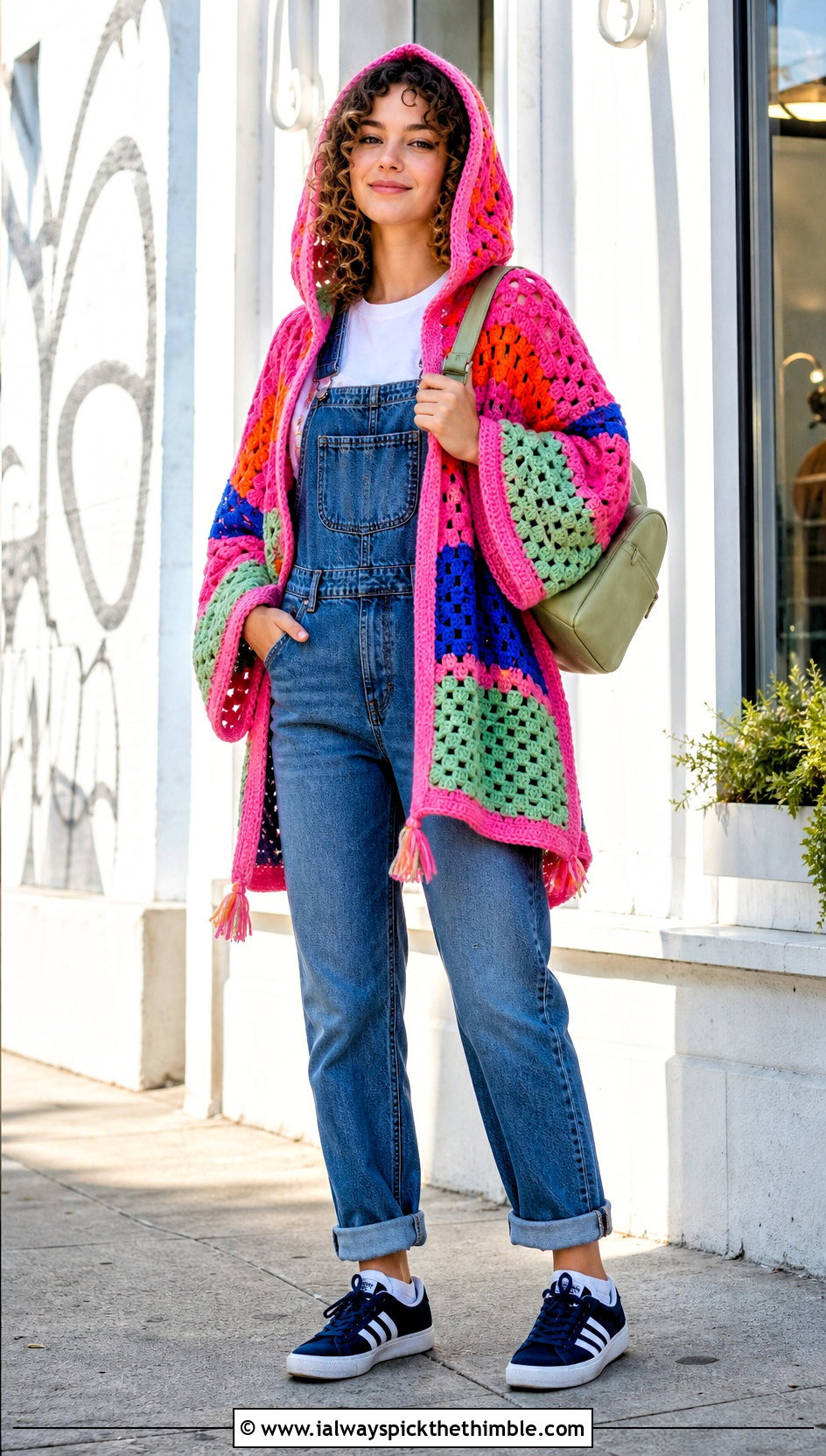 Patchwork Crochet Hooded Poncho With Denim Overalls - 25 Crochet Hooded Poncho outfit ideas