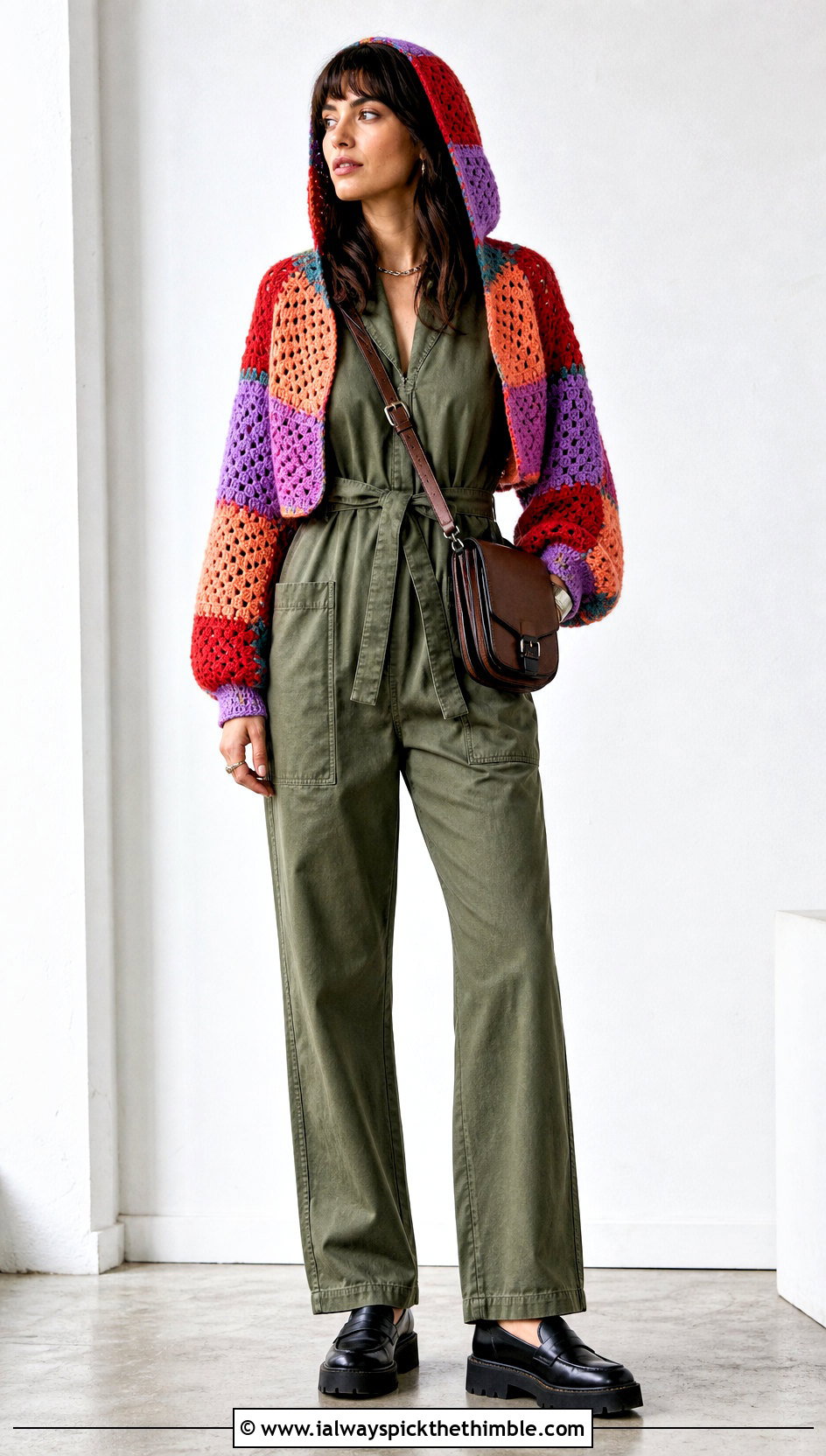 Patchwork Crochet Hooded Shrug With Utility Jumpsuit - 20 Crochet Hooded Shrug outfit ideas