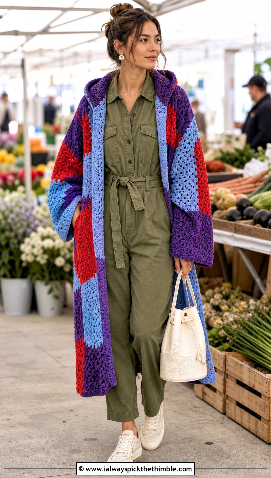 Patchwork Crochet Hoodie Blanket With Utility Jumpsuit - 20 crochet hoodie blanket outfit ideas
