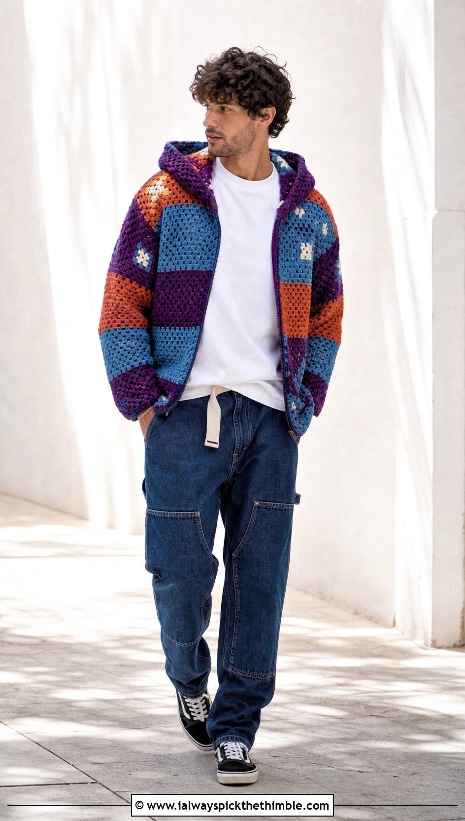 Patchwork Crochet Hoodie With Carpenter Jeans - 20 crochet mens hoodie outfit ideas