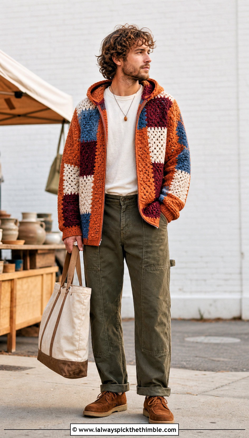 Patchwork Crochet Hoodie With Carpenter Pants - 20 Crochet Hoodie Men outfit ideas
