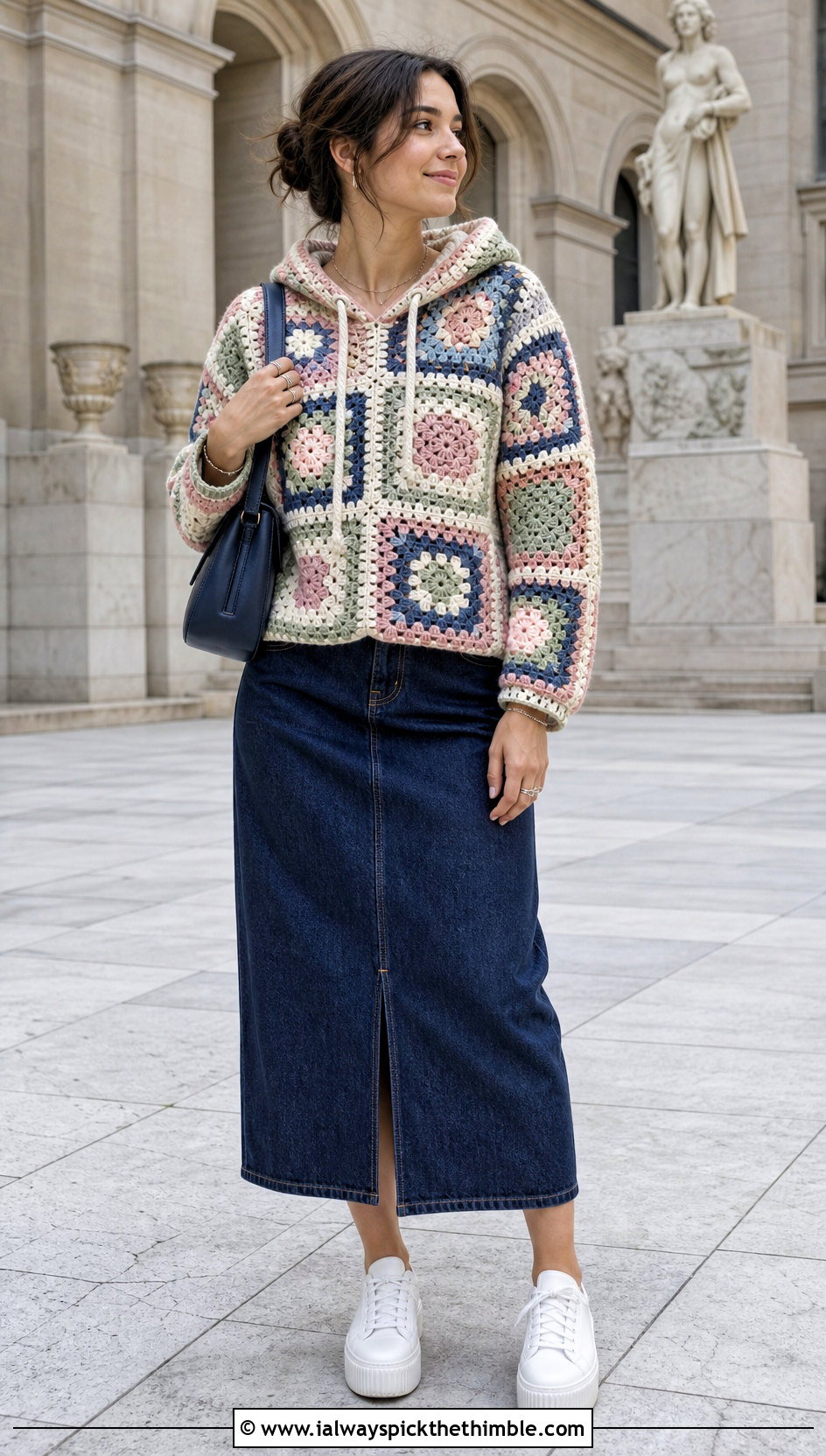 Patchwork Crochet Hoodie With Denim Midi Skirt - 25 crochet hoodie outfit ideas